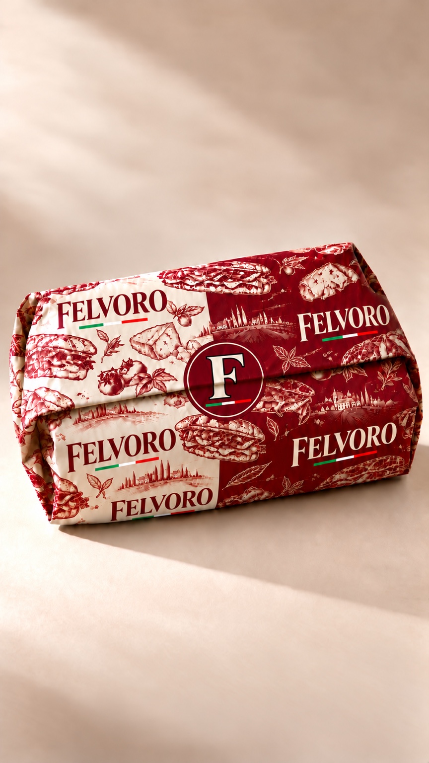 Felvoro sandwich wrapped in cream and burgundy illustrated paper with an F seal